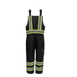GSS 8717 Black safety bib overalls with reflective yellow stripes on a white background