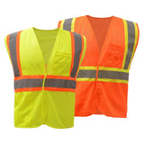 Two GSS Safety Hi-Vis vests, one Lime and one orange, on a white background