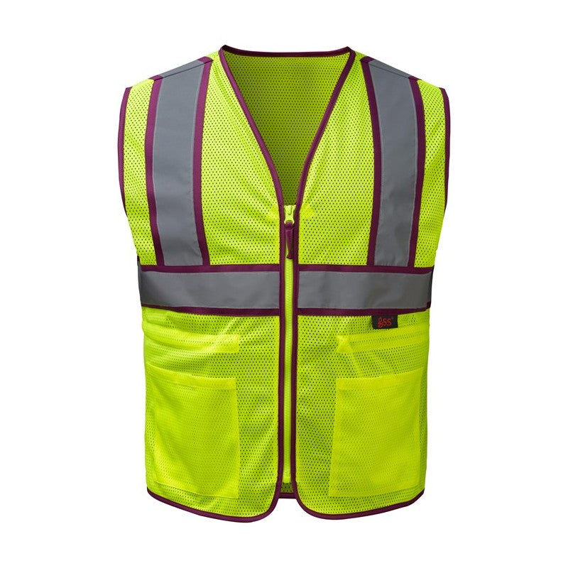 GSS Safety Lime safety vest with reflective stripes on a white background