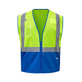 Two-tone GSS safety vest 1013 with bright lime-blue front on a white background, ANSI/ISEA 107-2020 Class 2 compliant