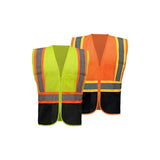 Two GSS safety vests, one lime and one orange, on a white background