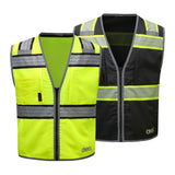 Two GSS reflective safety vests 1515-1517, one yellow and one black with gray accents, on a white background