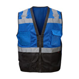 GSS Safety Blue safety vest with reflective stripes on a white background