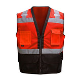 GSS Safety hivisRed safety vest with reflective stripes on a white background