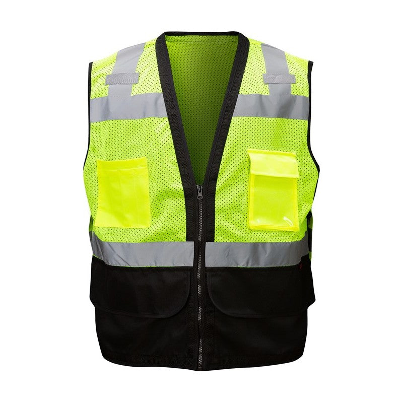 GSS Safety Lime safety vest with reflective stripes on a white background
