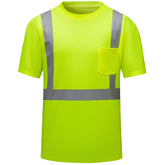 HivisPro ANSI Class 2 High-Visibility Safety T-Shirt in neon yellow with breathable mesh, reflective tape, and chest pocket - T202 Series
