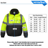 HiVisPro Lime safety jacket J2021 with size chart on a white background