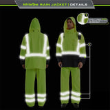 a model wears HivisPro R2011 Lime safety raincoat show back and front reflective effect in the night