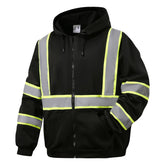 Black hi vis hoodie st82043 with high-visibility lime and reflective silver stripes on a white background