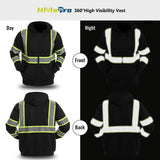 Black high visibility hoodie st82043 with reflective stripes shown from front, back, and side views on a white background