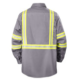 Back view of the FR1013 gray flame retardant work shirt, showing the reflective stripe across the back
