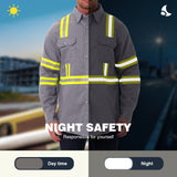 FR1013 high-visibility work shirt in a night scene, emphasizing the bright reflective properties for safety