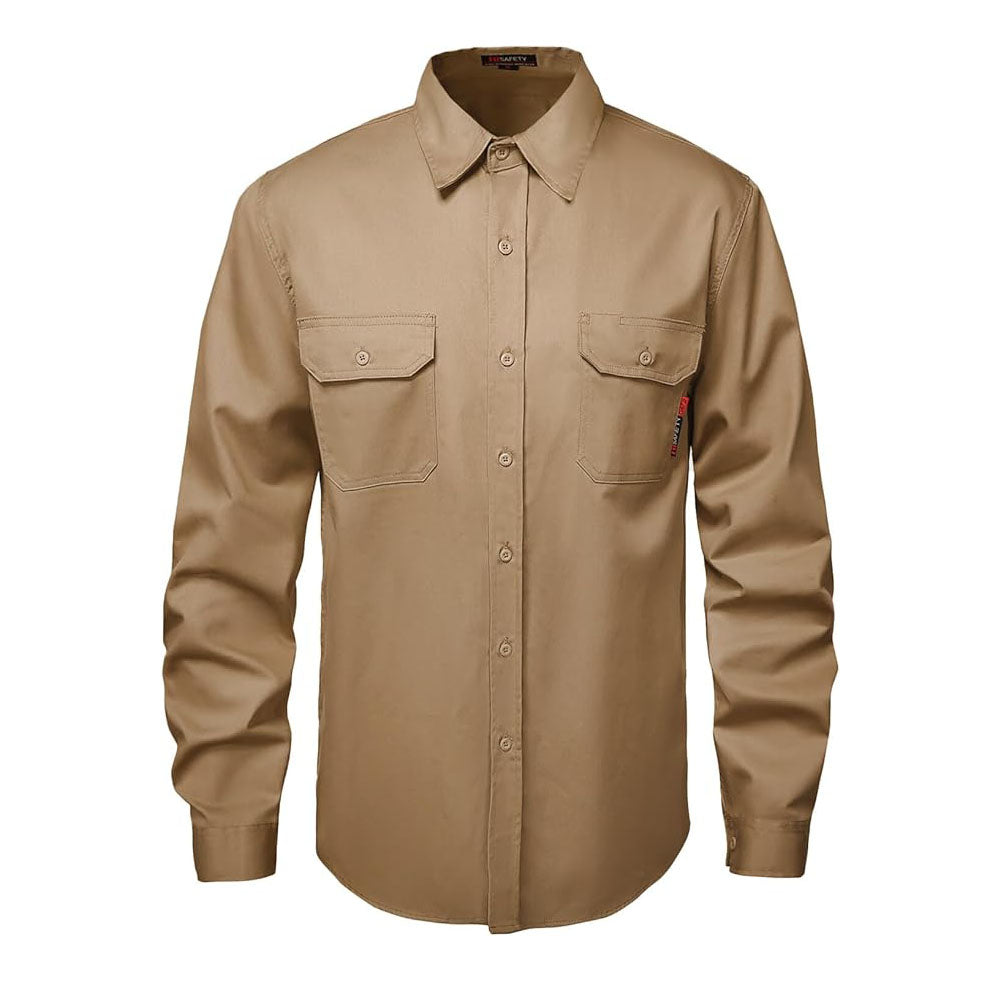 Front view of the HivisPro FR2012 khaki flame retardant long sleeve work shirt