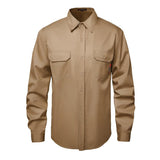 Front view of the HivisPro FR2012 khaki flame retardant long sleeve work shirt