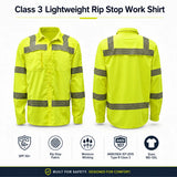GSS 7505 Class 3 Lightweight Ripstop Button Down Work Shirt in lime, front and back view, ANSI Type R Class 3 high-visibility reflective shirt with SPF 50+ protection