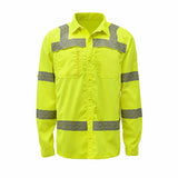 GSS 7505 Class 3 Lightweight Ripstop Button Down Work Shirt in lime, front view, ANSI Type R Class 3 high-visibility reflective shirt with SPF 50+ protection