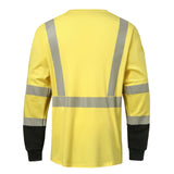 Back view of the HivisPro FRL1011 flame resistant, high-visibility lime and black safety shirt with reflective stripes