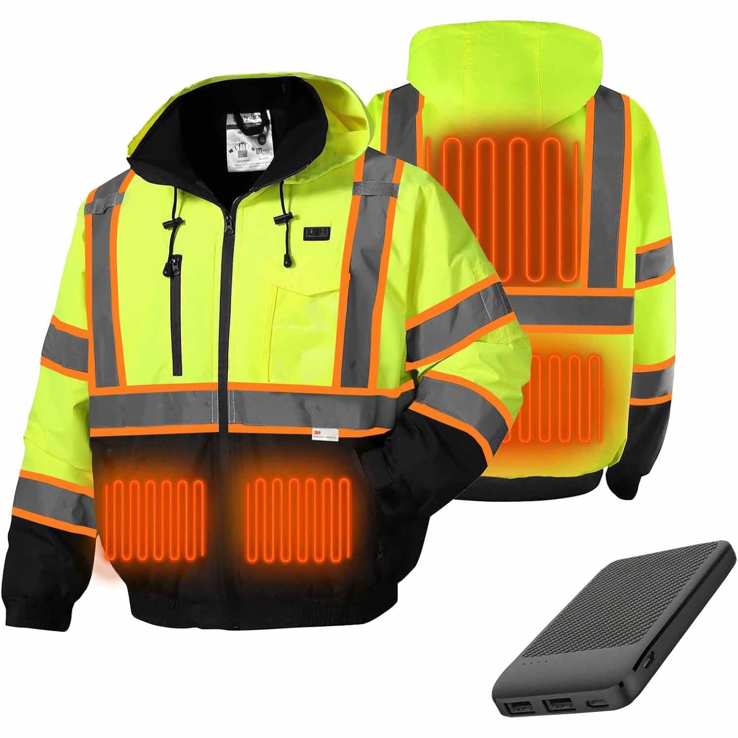 HivisPro J2091 heated safety jacket showing jacket, battery, and heating elements