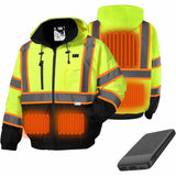 HivisPro J2091 heated safety jacket showing jacket, battery, and heating elements