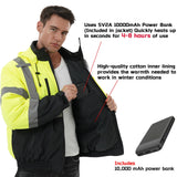 Detailed view of the HivisPro J42061 lime heated safety jacket showing power bank pocket and high-quality material