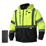 Front view of the HivisPro J42061 lime heated safety jacket with reflective stripes