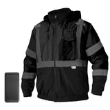 Front view of the HivisPro J42063 black heated safety jacket with reflective stripes