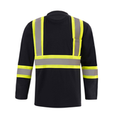 Black safety jacket with reflective yellow and gray stripes on a white background