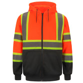Orange and black ansi class 3 safety hoodie with reflective stripes on a white background