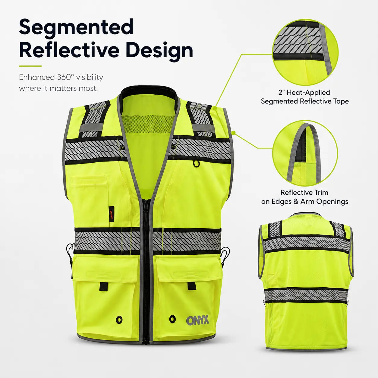 ONYX GSS-1511 Class 2 Surveyor Safety Vest in lime featuring segmented reflective tape, ANSI Type R Class 2 high-visibility reflective work vest with front and back views