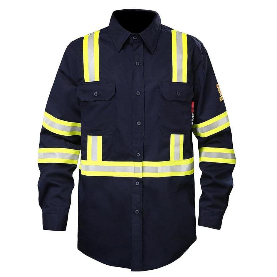 Front view of the FR1011 blue flame retardant work shirt with high-visibility reflective stripes, suitable for industrial safety