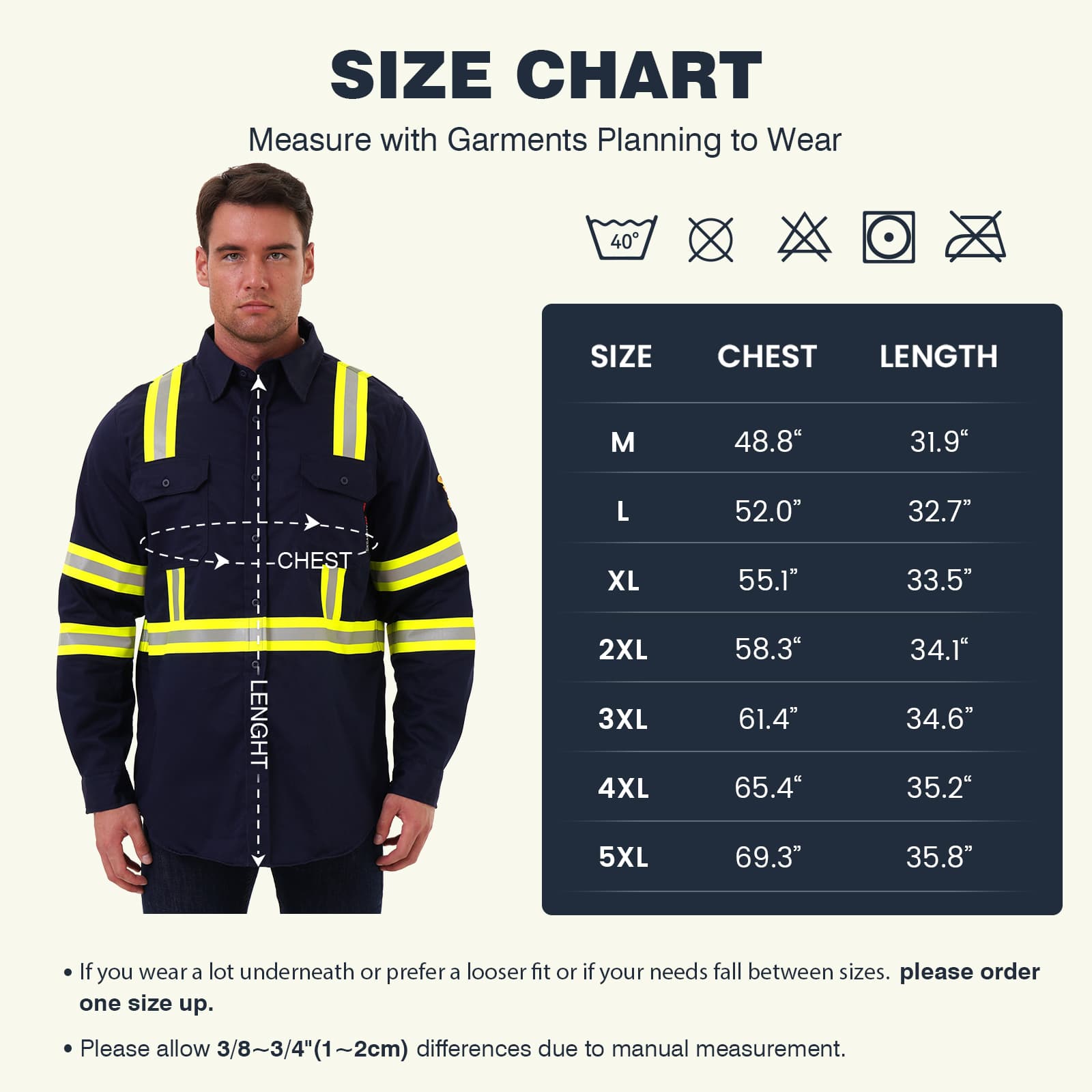 FR1011 Flame Retardant Work Shirt size chart and a model wearing the high-visibility reflective shirt