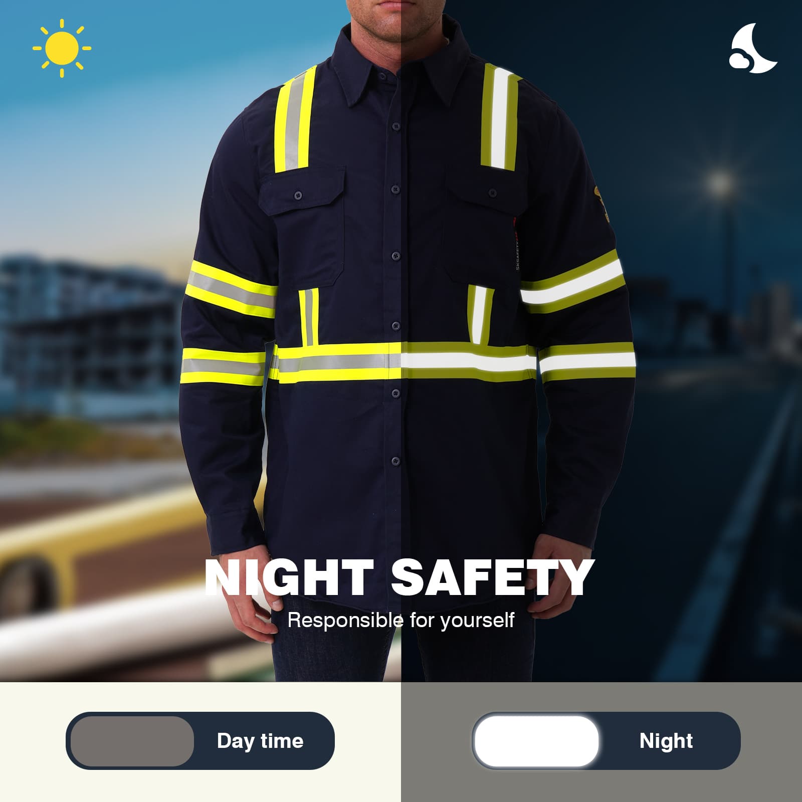 FR1011 high-visibility work shirt in a night scene, emphasizing the bright reflective properties for safety.