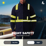 FR1011 high-visibility work shirt in a night scene, emphasizing the bright reflective properties for safety.