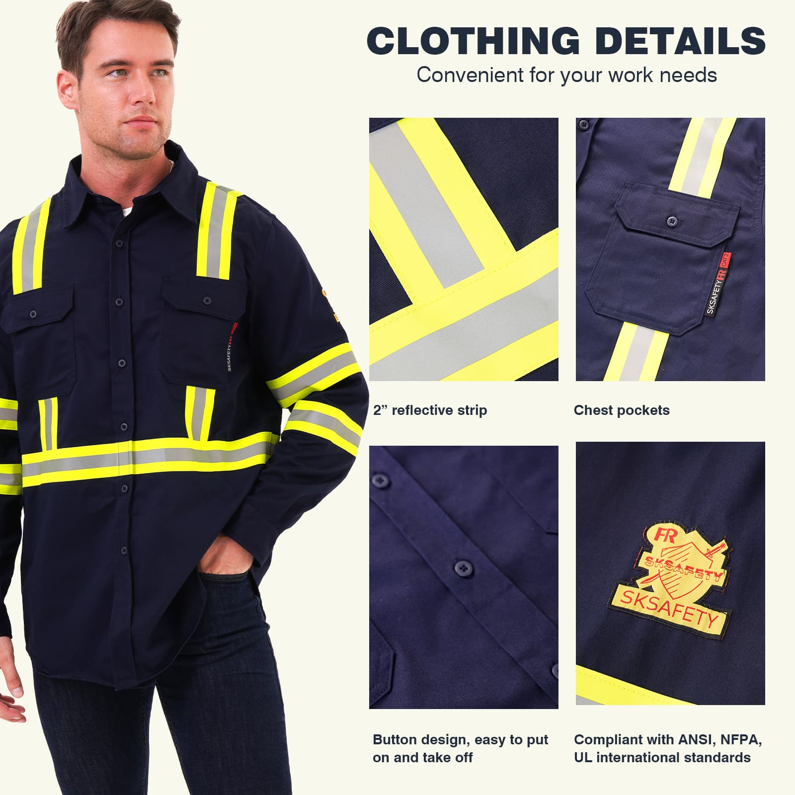 Detailed view of the FR1011 flame retardant work shirt, showing close-ups of durable fabric, functional pockets, and reflective tape.