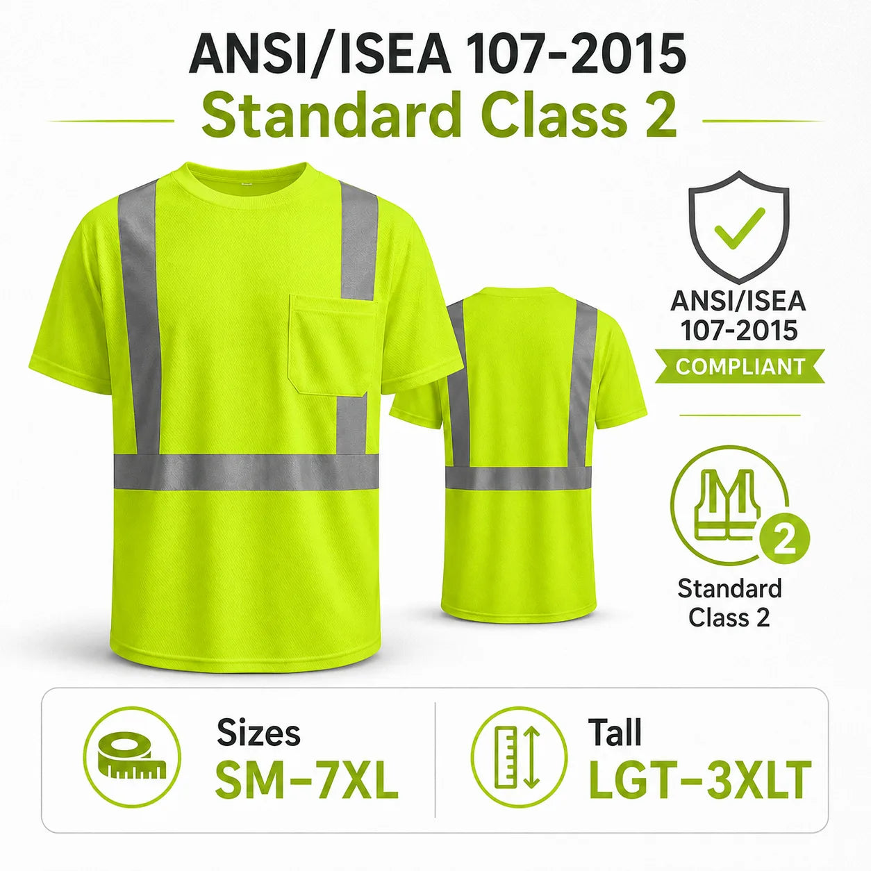GSS 5001 High-visibility safety shirt in Lime  with reflective silver stripes, shown from front and back on a white background with text indicating ANSI/ISEA 107-2015 Standard Class 2, sizes SM-7XL, and tall length LGT-3XLT.