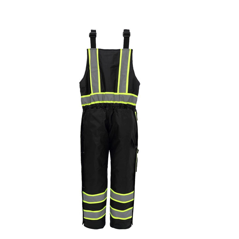 GSS 8717 Black safety bib overalls with reflective yellow stripes on a white background