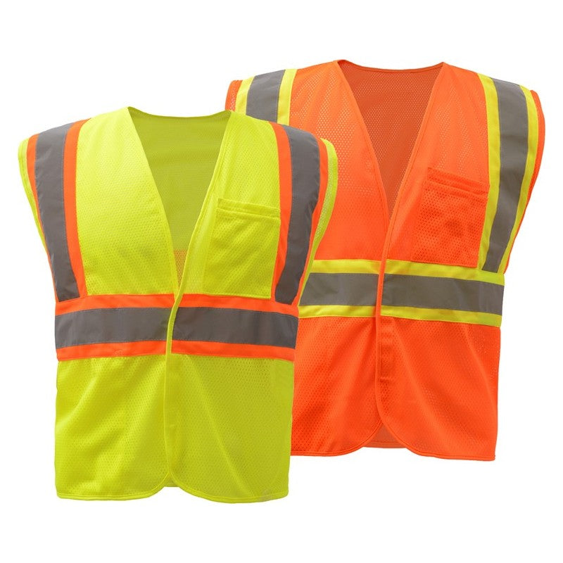 Two GSS Safety Hi-Vis vests, one Lime and one orange, on a white background