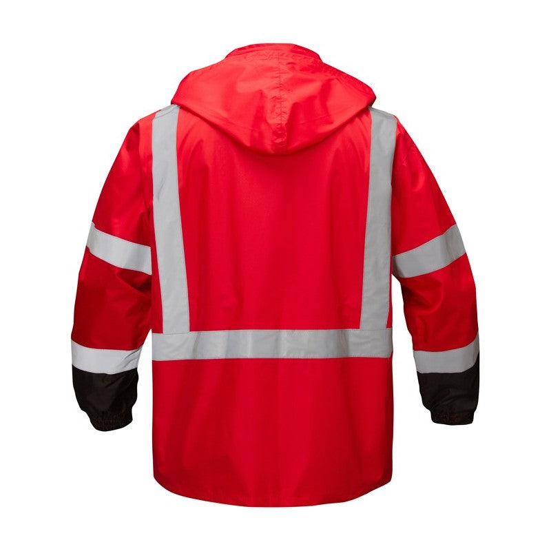GSS Safefty Red safety jacket with reflective stripes on a white background