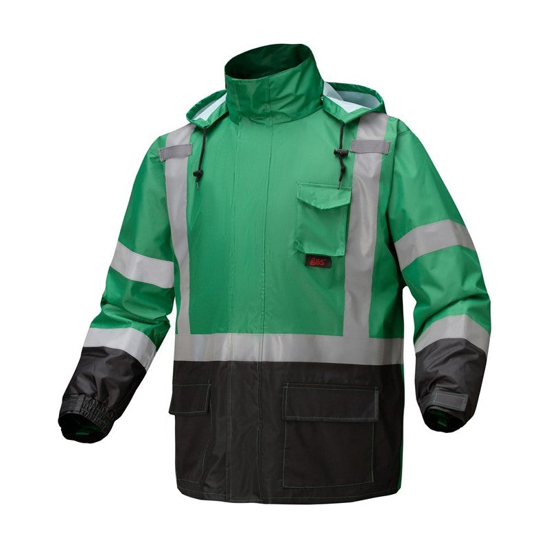 GSS Safety Green & Black Two-Tone Reflective Raincoat Front view