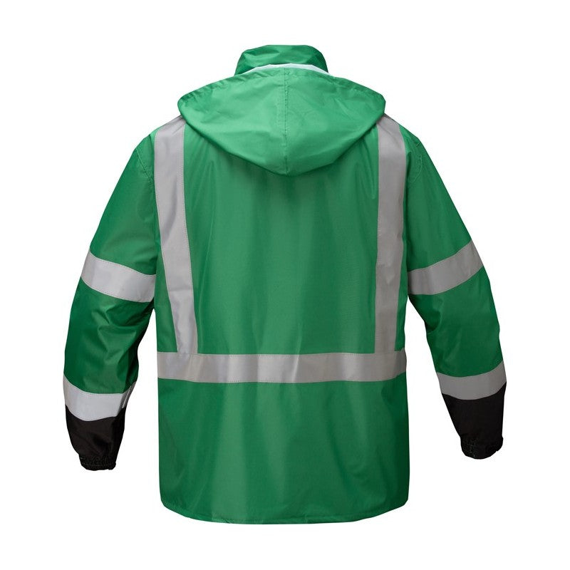 GSS Safety Green safety raincoat with reflective stripes back view on a white background
