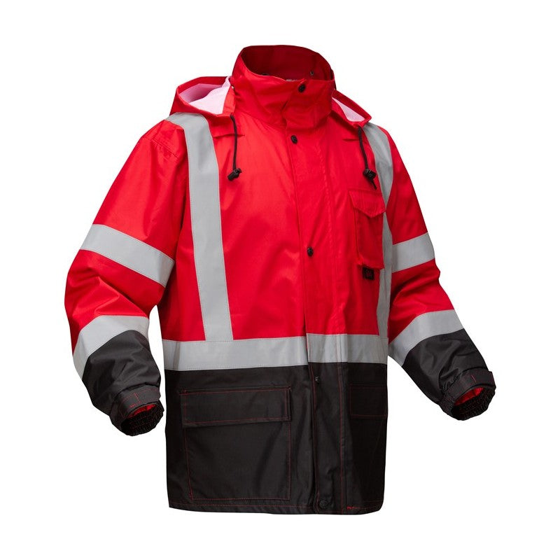 GSS Safety Red and black safety raincoat with reflective stripes Front view on a white background