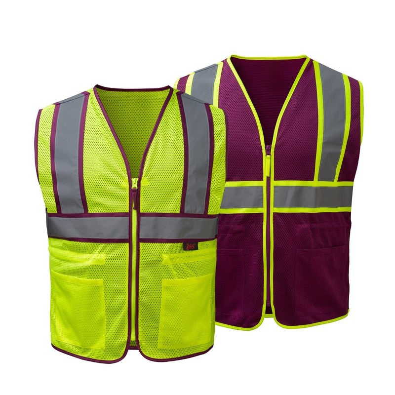 Two GSS Safe hi vis vests, one lime and one plum, on a white background
