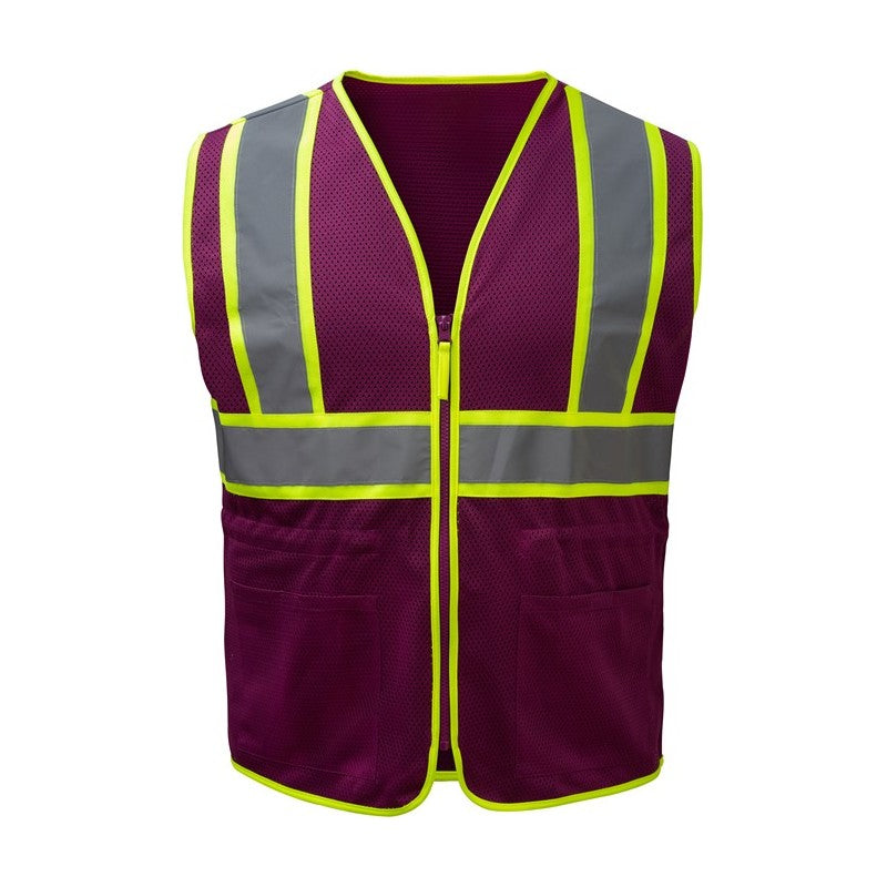 GSS Safety Plum safety vest with reflective stripes on a white background