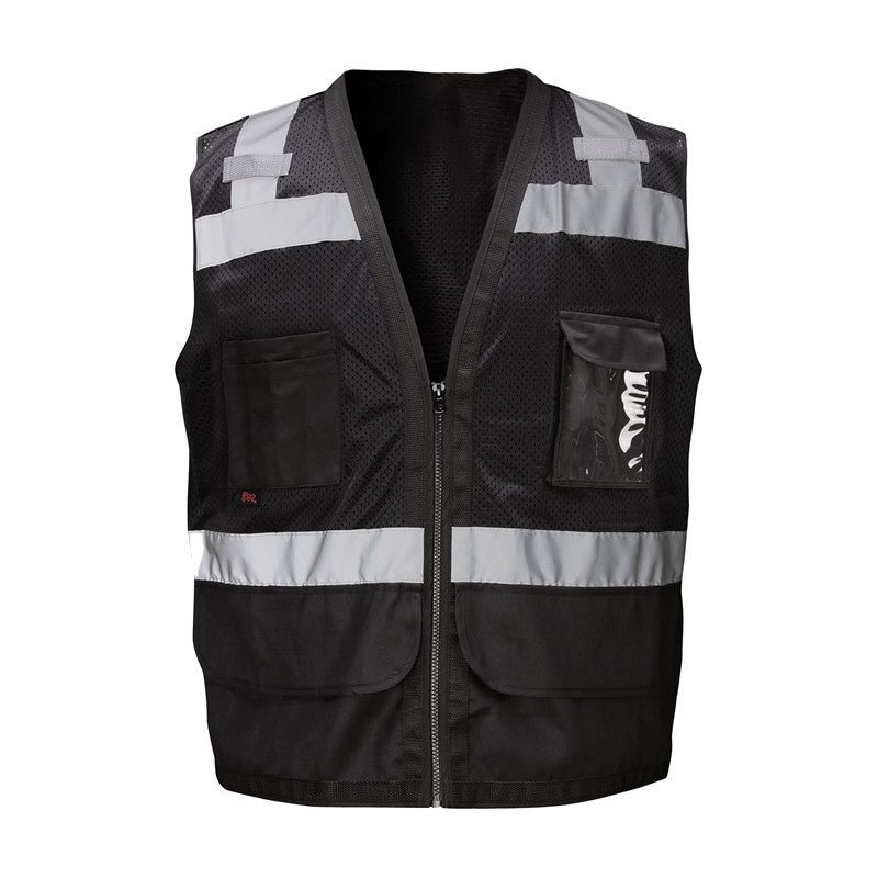 GSS Safety Black safety vest 1205 with reflective stripes on a white background