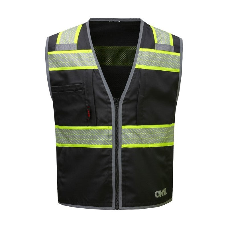 GSS Black safety vest with 1517 reflective stripes on a white background