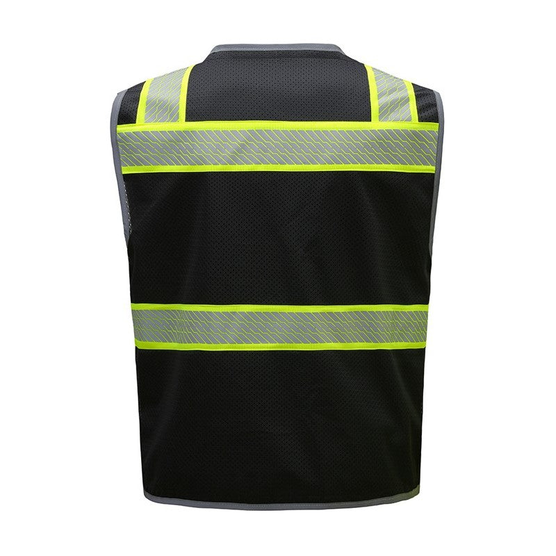 GSS Black safety vest 1517 with reflective silver stripes on a white background