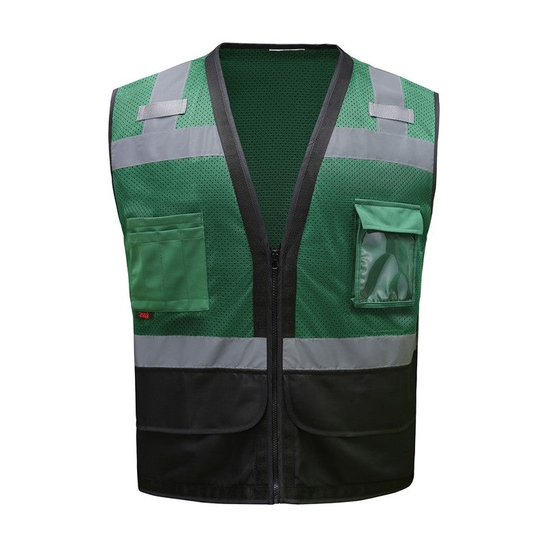 GSS Safety Dark Green safety vest 1206 with reflective stripes on a white background