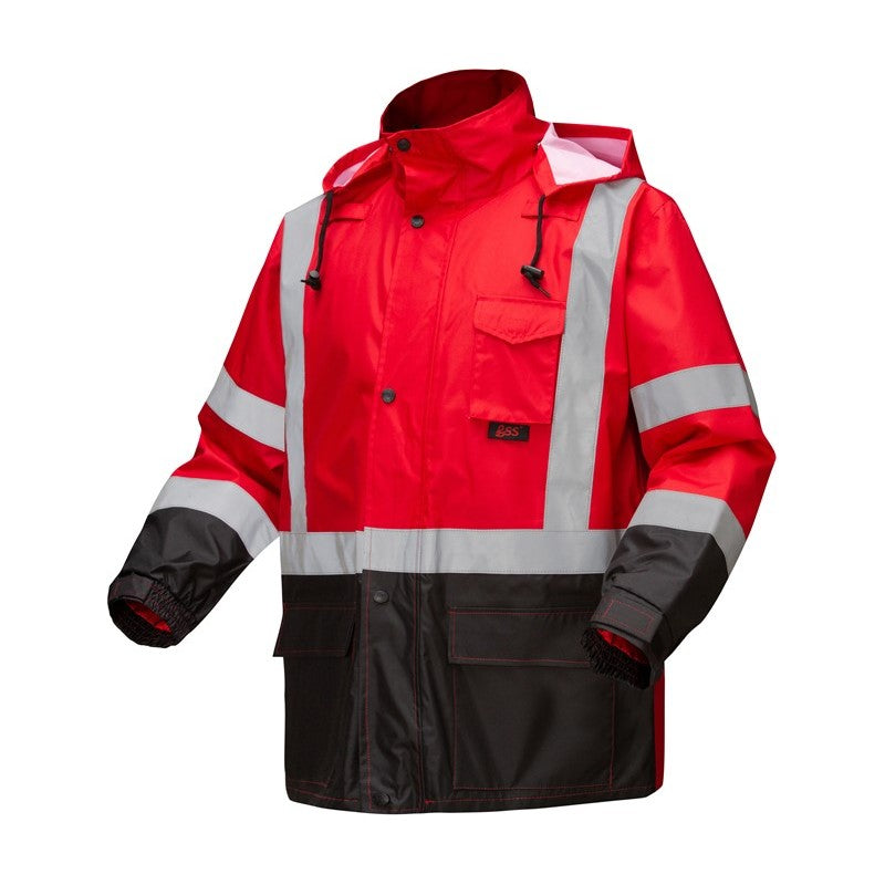 GSS Safety Red & Black Two Tone Reflective Raincoat Front View