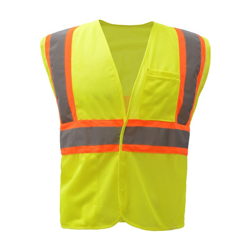 GSS Safety 1009 Lime safety vest with reflective stripes on a white background, ANSI 107-2020 Class 2 compliant