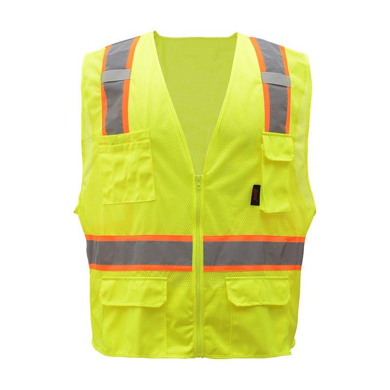 GSS Safety Lime high vis vest 1501 with reflective stripes on a white background